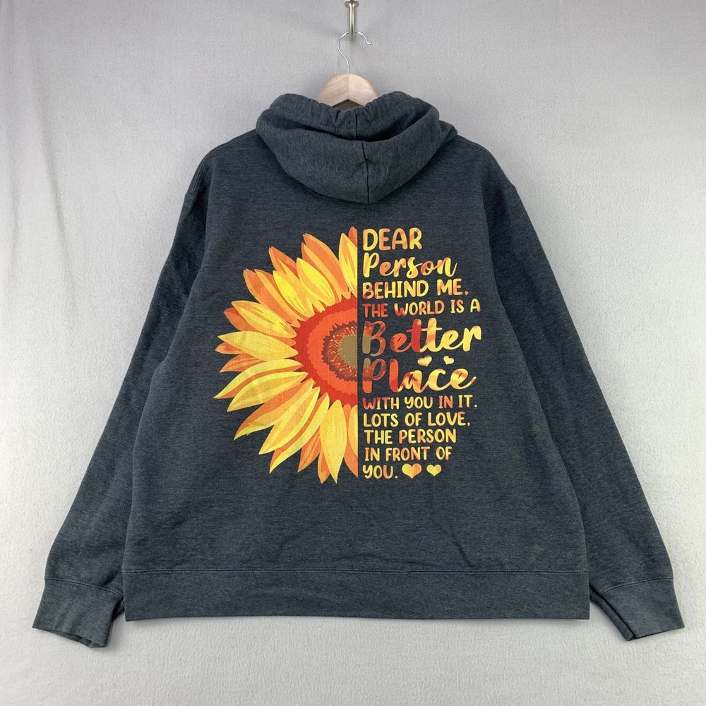 Spread Love Hoodie Womens Large Grey Sunflower Encouraging Quote Pullover Fleece